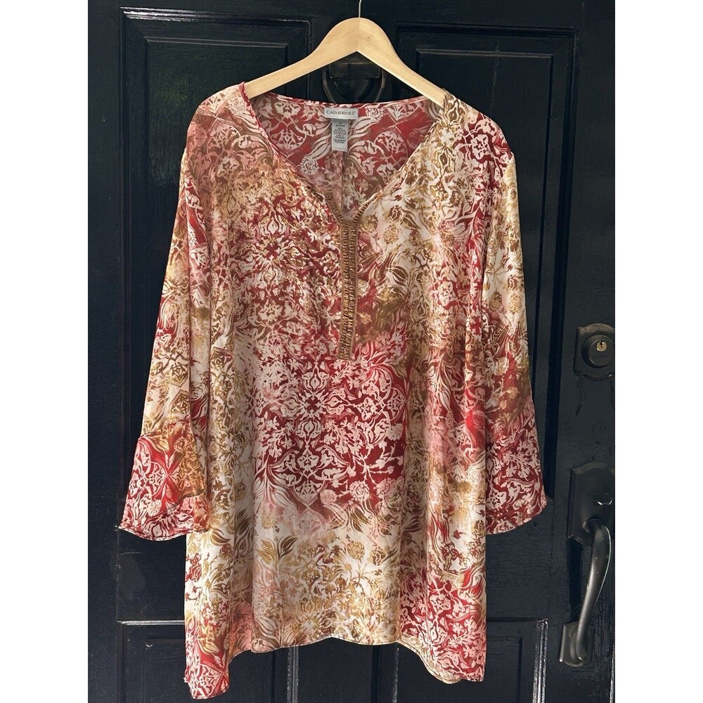 Catherines Top Size 3x Beaded Colorful Print Polyester Blouse Bell Sleeve